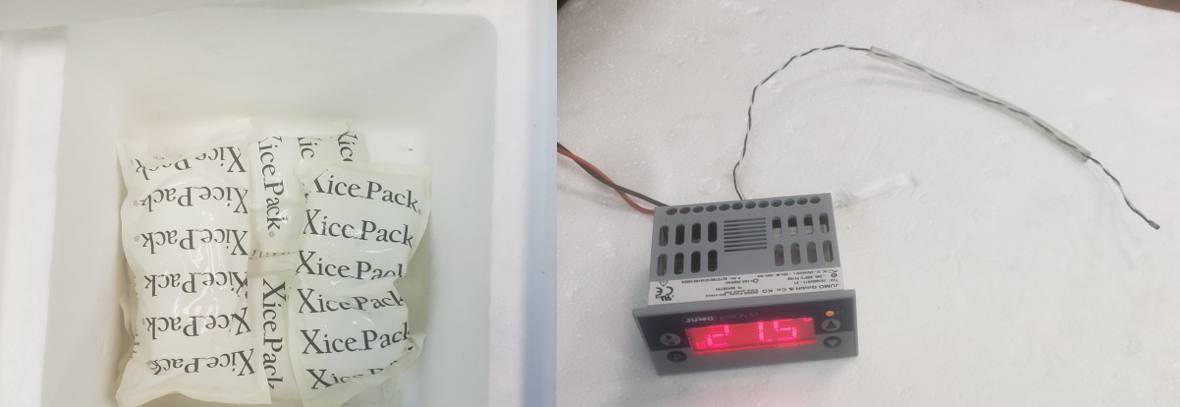 picture of ice packs to cool down and picture of the thermometer used to monitor the temperature